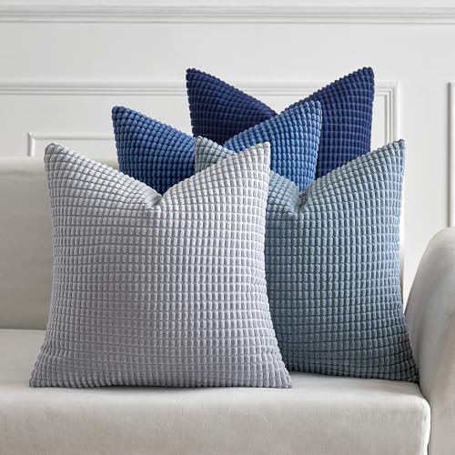 MIULEE Blue Decorative Pillow Covers 18x18 Inch Set of 4 Boho Western Farmhouse Home Decor Couch Throw Pillows Summer Coastal Corduroy Pillowcases Industrial for Sofa Living Room Bed