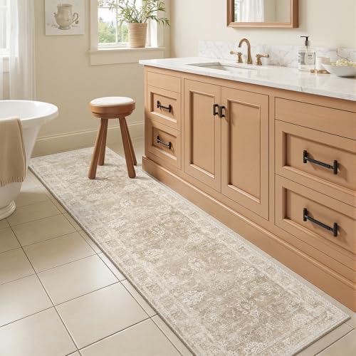 Madane Washable Runner Rug 2x6, Kitchen Hallway Runner Rug with Non-Slip Rubber Backing, Vintage Soft Low Pile Carpet Runner for Entryway Laundry Bathroom Bedroom Living Room (2 x 6, Beige/Brown)