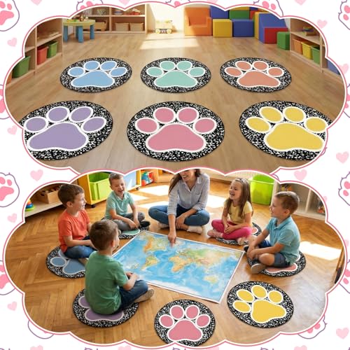 Teenyyou 6 Pcs 16" Dog Paw Classroom Rug Composition Notebook Classroom Rug Boho Pastel Floor Mat Non Slip Floor Mat for Preschool Kindergarden Dog Paw Round Flexible Seats Group Activity Spots Marker