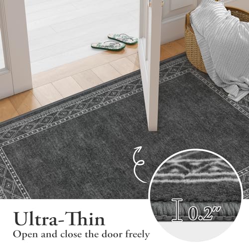 Lahome Modern Bordered Rug Runners for Hallways Non Slip, Ultra-Thin 2x6 Kitchen Runner Rugs Non Skid Washable, No Shedding Soft Hallway Runner Rug for Bedroom Entryway Laundry Room (2x6ft,Gray)