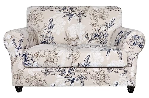 SearchI Stretch Sofa Cover Printed Couch Cover, Floral Pattern 3 Pieces Loveseat Slipcover with 2 Separate Cushion Cover, Washable Furniture Protector for Living Room(Loveseat, Flower Shadow)