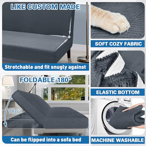 Stretch Fit Futon Cover (67"-82") Armless Futon Sofa Bed Slipcover with Elastic Band, Universal Foldable Sofa Mattress Protector Full Queen Size, Washable Comfort Jacquard (Dark Grey)