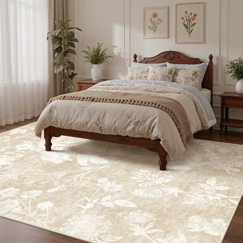 Soalmost Floral Washable Rugs 5x7 for Living Room, Neutral Soft Rug Beige