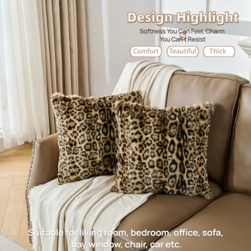 Cheetah Print Faux Fur Fluffy Pillowcases,Plush Soft Throw Pillow Covers, Fuzzy Decorative Leopard Print Pillow Cases, Furry Brown Leopard Cushion Covers for Couch Sofa-18x18 inch Set of 2
