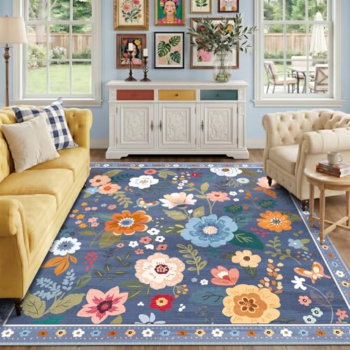 RELEANY Floral Washable Square 8ft Area Rug Blue/Grey