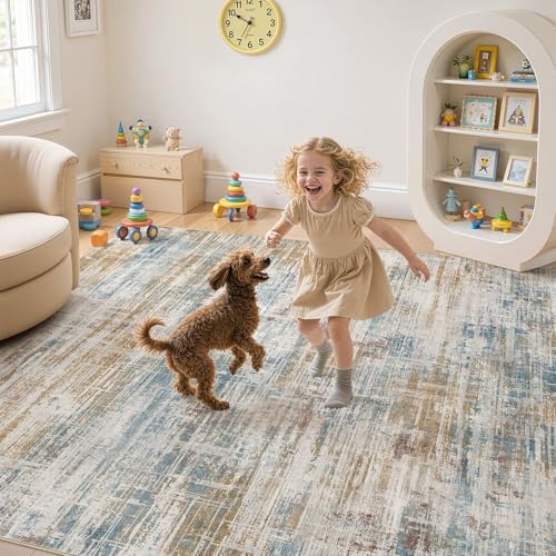 UERMEI 9x12 Area Rug for Living Room: Washable Modern Neutral Abstract Large Soft Low Pile Carpet Non-Slip Pet Kids Friendly Indoor Decor for Bedroom Dining Room Home Office Nursery Blue Brown