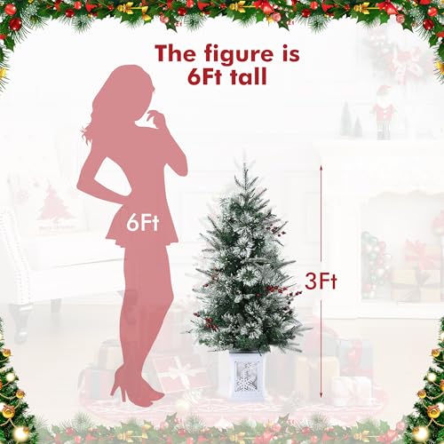 3 Ft Pre-Lit Christmas Tree, Artificial Christmas Trees with Lighting Snowflake Base, Snow Flocked Xmas Trees with 70 LED Lights, Battery Operated and Timer Function, Christmas Decoration for Home