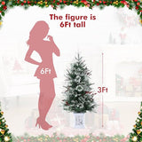 3 Ft Pre-Lit Christmas Tree, Artificial Christmas Trees with Lighting Snowflake Base, Snow Flocked Xmas Trees with 70 LED Lights, Battery Operated and Timer Function, Christmas Decoration for Home
