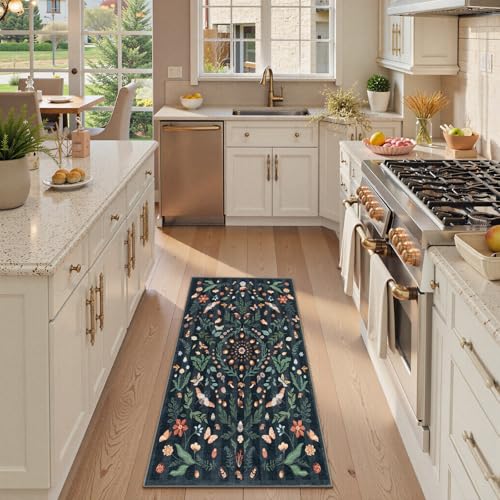 Lahome Washable Insect Botanical 2x4 Runner Rug for Entryway - Machine Washable Non-Slip Hallway Runner Rug, Black Boho Low Profile Soft Faux Wool Kitchen Rug for Bathroom,Bedroom, Hallway