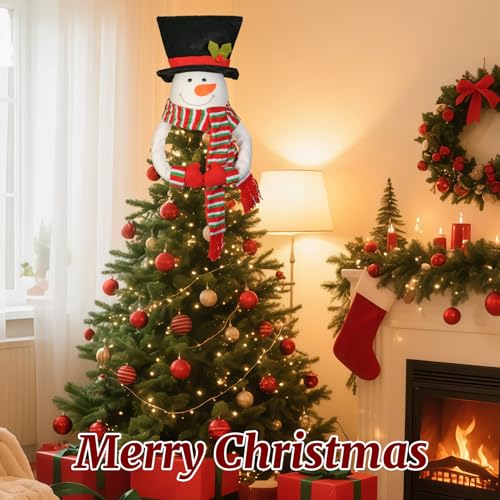 Christmas Tree Topper Snowman Top Hugger for Xmas Tree Holiday Decor Winter Wonderland Decoration New Year Ornament with Hat Shawl and Poseable Arms