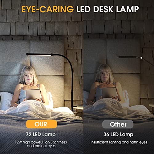 LED Desk Lamp with Clamp, Eye-Caring Clip on Lights for Home Office, 3 Modes 10 Brightness, Long Flexible Goose-Neck, Metal, Swing Arm Architect Task Table Lamps with USB Adapter, White