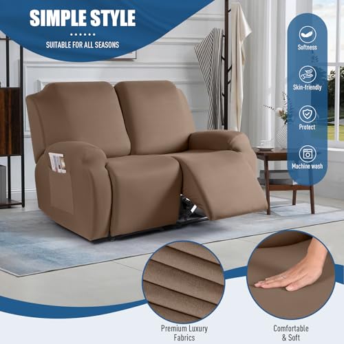 TAOCOCO Loveseat Recliner Cover 2 Pieces Stretch Loveseat Covers for 2 Seat Reclining Sofa, Soft Polyester Fabric Furniture Protector Washable Loveseat Reclining Cover (2 Seat, Light Coffee)