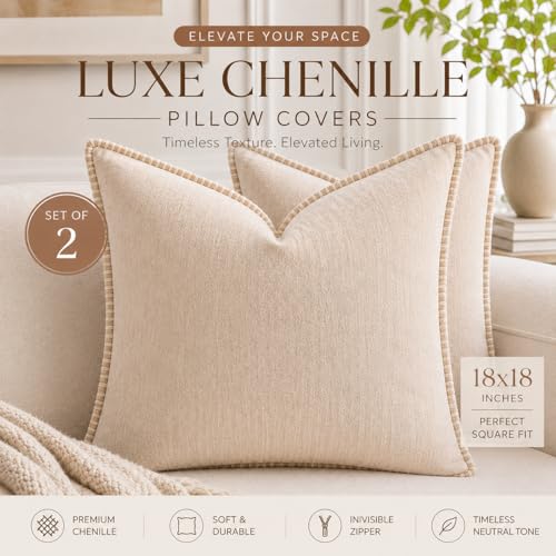 Decorative Throw Pillow Covers 18x18Inch, Pack of 2 Beige Chenille Soft Pillow Covers with Stitched Edge,Farmhouse Neutral Euro Decorative Pillows for Bed Couch Sofa Home Decor Living Room