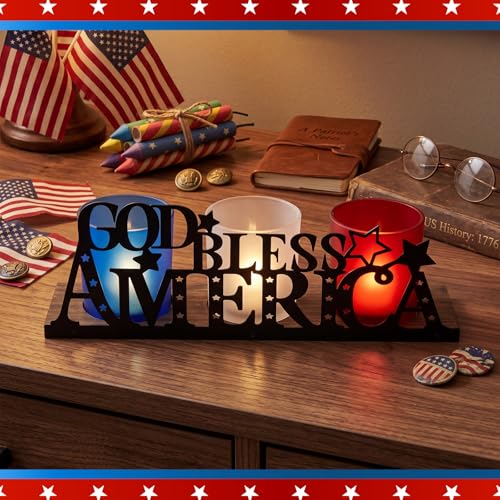 250 Anniversary Decorations with 3 Glass Votive 1 Wooden Tray God Bless America Decor Patriotic Red Blue White Table Decorations 4th of July Rustic Decor for Memorial Independence Day
