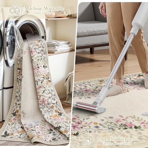 Wonnitar 5x7 Area Rug for Living Room, Floral Washable Rug for Bedroom, Boho Botanical Nursery Rug, Non Slip Soft Farmhouse Carpet, Beige Kids Playroom Decor (5x7 Beige)