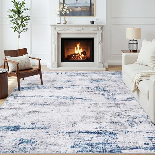 Area Rug Living Room Rugs: 5x7 Large Soft Indoor Carpet Modern Abstract Rug with Non Slip Rubber Backing for Under Dining Table Nursery Home Office Bedroom White Gray Blue