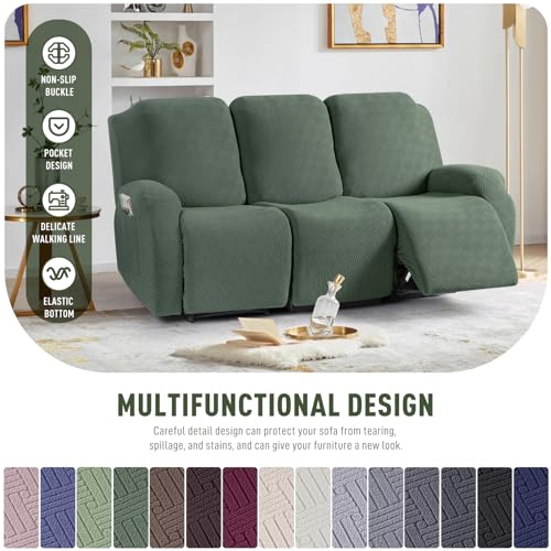 KinCam Jacquard Stretchy Recliner Loveseat Cover with Console X1, Recliner Couch Covers X1 (Greyish Green)