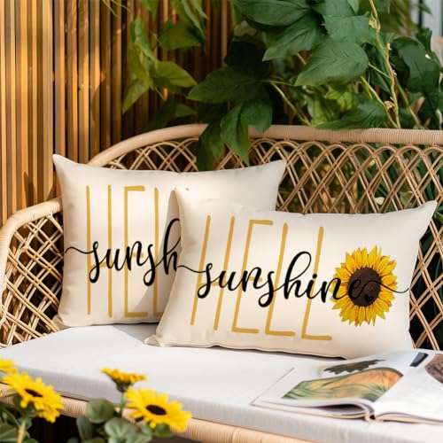 RABUSOFA Hello Sunshine Quote Sunflower Spring Summer Pillow Covers,Seasonal Outdoor Decorative Cushion Case Summer Decorations for Home Sunflower Decor 12x20 Inch