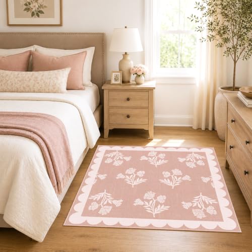 Pink Square Rug 3ft - Soft Washable Floral Cute Boho Bathroom Rug