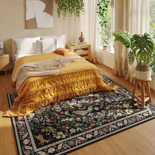 Rugcomf Area Rug 5x7 for Living Room Floral Washable, Vibrant Black
