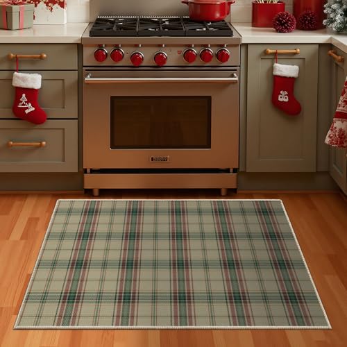 Green Christmas Rug 2x3, Washable Rug for Entryway, Checkered Plaid