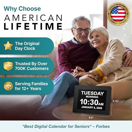 American Lifetime Large Digital Clock for Seniors, Black, 8 inch, with Day & Date, Customizable Alarms, Auto-Dimming, Multi-Language Support, Battery Backup, Easy Setup, and Gift Option