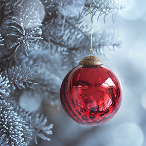 Set of 4 Red Mercury Glass Ornaments (3.15" Antique Embossed Ball) Perfect for Christmas Tree, Hanging Holiday Decoration, Gifts & Home Decor