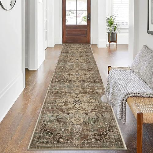Pauwer Hallway Runner Rug 2x10, Washable Kitchen Runner, Green and Brown