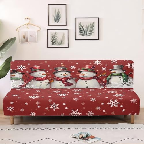 Christmas Futon Cover Armless Snowman Stretch Sofa Slipcover Washable Elastic Armless Couch Furniture Protector for Bedroom Living Room Home Decor