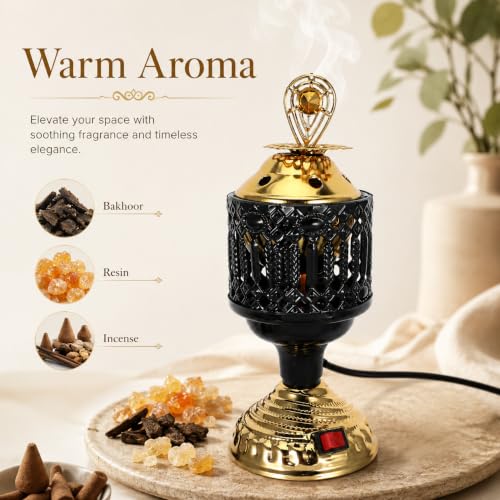 NOLITOY Mini Electric Mabkhara Incense Burner, Decorative Metal Diffuser Holder, Plug in Flame-Free Bukhoor Chips Heater for Home Office Yoga Meditation Room