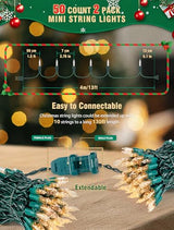 Hopolon Clear Christmas Lights Set 2 Pack 50 Count 13 Feet Incandescent Bulb Green Wire Mini String Lights for Indoor Outdoor Christmas Tree Garland Birthday Wedding Festival Decoration, Warm White