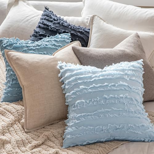 MIULEE Decorative Boho Throw Pillow Covers Set of 2 Light Blue Linen Striped Jacquard Pattern Summer Coastal Cushion Covers for Sofa Couch Living Room Bedroom 18x18 Inch