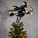 Halloween Witch Tree Topper with LED Lights,9 Inch Black Iron Flying Broom Witch Tree Topper,Spooky Light Up Halloween Ornament for Christmas Treetops and Home Party Supplies