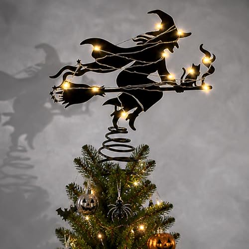 Halloween Witch Tree Topper with LED Lights,9 Inch Black Iron Flying Broom Witch Tree Topper,Spooky Light Up Halloween Ornament for Christmas Treetops and Home Party Supplies