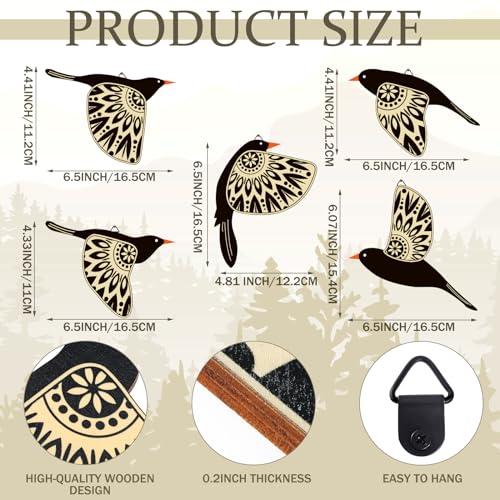 Barydat 5 Pcs Wooden Bird Wall Art Wood Flying Birds Wall Decor Rustic Folk Art Scandinavian Home Decor for Gift Living Room Bedroom Kitchen Office(Black)