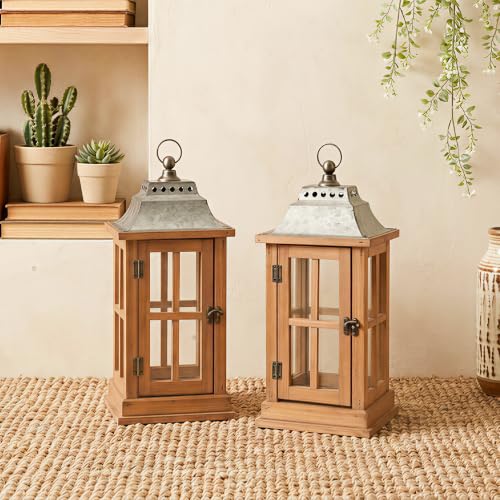 Bdor 15 Inch Outdoor Decorative Lanterns, Set of 2 Wooden Candle Lanterns