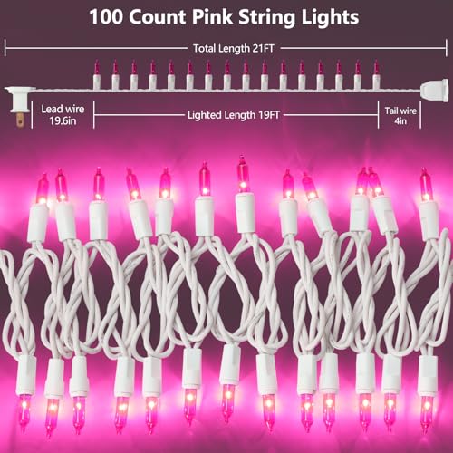 TIGOMOOV Pink Mini Christmas String Lights-21ft 100 Count Incandescent Fairy Lights with White Cord-Plug in Decorative Lights for Christmas Tree, Valentine's Day, Wedding&Home Decor (Indoor Outdoor)