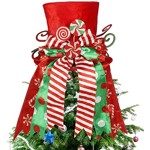 yofit Christmas Tree Topper Hat, Large Red Hat with Striped Bow Ribbon & Lollipop, Christmas Tree Decorations Top Hat, Desktop Ornaments for Home Xmas Holiday Winter Decor