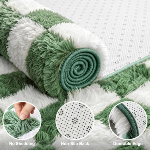 Area Rugs for Bedroom Living Room,6x9 Green and White Fluffy Soft Checkered Rug Fuzzy Shag Shaggy Carpet,Indoor Plush Floor Rugs for Teen Dorm Home Decor