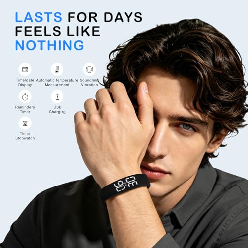 Black Vibrating Alarm Wristband for Heavy Sleepers with Body Temperature Monitoring Waterproof Noiseless Silent Shock Watch USB Rechargeable for Students Sports Won’t Wake Your Partner