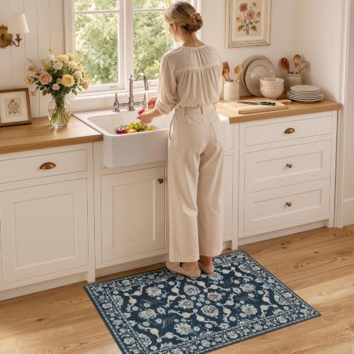 jinchan 2x3 Traditional Floral Entryway Rug, Washable Rug, Midnight Blue