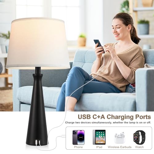 Seealle Modern Table Lamps Set of 2 - Touch Bedside Lamp for Nightstand with Dual USB C+A,3-Way Dimmable Black Nightstand Lamps for Living Room Bedroom End Table(Bulb Included)