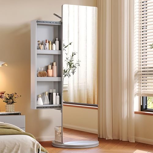 4-in-1 Full Length Mirror with Jewelry Cabinet, Makeup Organizer & Coat Rack - 360° Rotating Wood Floor Mirror, Space-Saving Dressing Mirror for Bedroom & Entryway