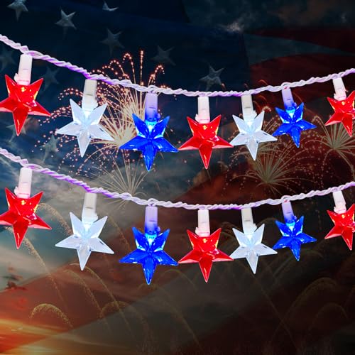 13.6Ft LED Red White and Blue Star String Lights, 4th of July Decorations Lights Outdoor with 35 LED Patriotic Star Lights Plug in, Hanging Patriotic Lights for Independence Day Party Patio Garden