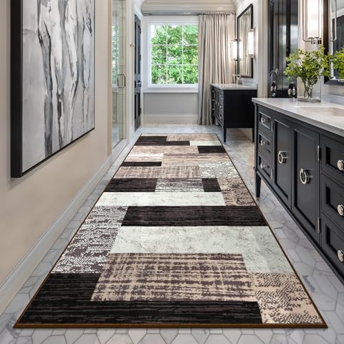 Indoor Washable Runner Rug with Rubber Backing, Modern Geometric Patchwork