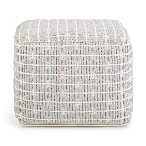 SIMPLIHOME Noreen Square Pouf - 18 inch Wide Upholstered Handwoven Cotton Ottoman in Light Blue and White, Boho Footstool or Extra Seating for Living Room with Polystyrene Filling, Assembled