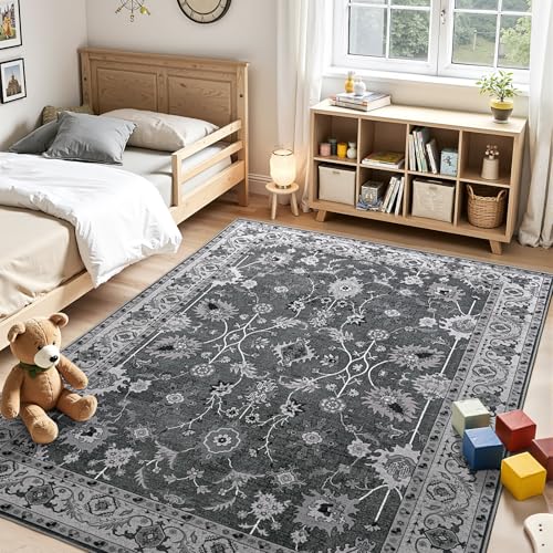 4x6 Area Rugs for Living Room, Washable Rug Vintage Floral, Black