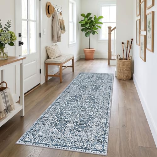 Vintage Washable Runner Rug 3x7 Blue White Wide Hallway Runner