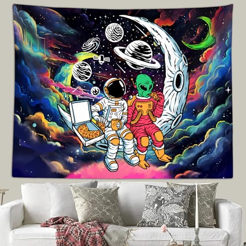 Sanzugh Funny Space Astronaut Alien Tapestry for Men Guys Bedroom, Cool Trippy Universe Planet Art Tapestries Wall Hanging College Dorm Boys Room Decor 60"X40", Psychedelic Blacklight Galaxy Poster