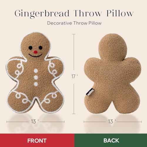 Phantoscope Gingerbread Man Merry Christmas Throw Pillow, Plush Teddy Xmas Gingerbread Shaped Pillows Christmas Decorative Pillow for Couch Living Room Bed, Beige,13 x 17 inches